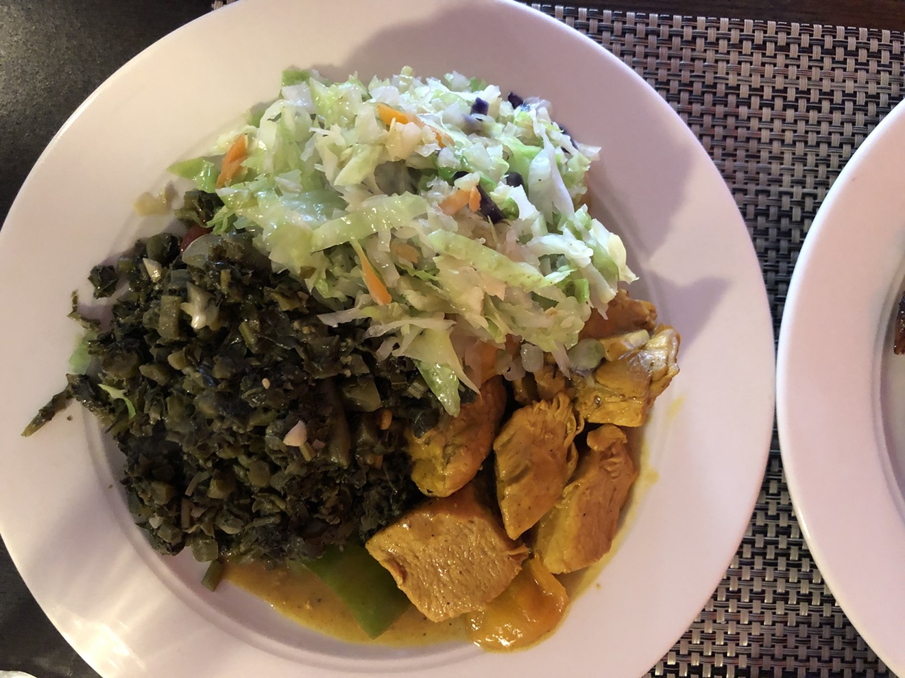 Curry chicken with callaloo and steamed shredded vegetables