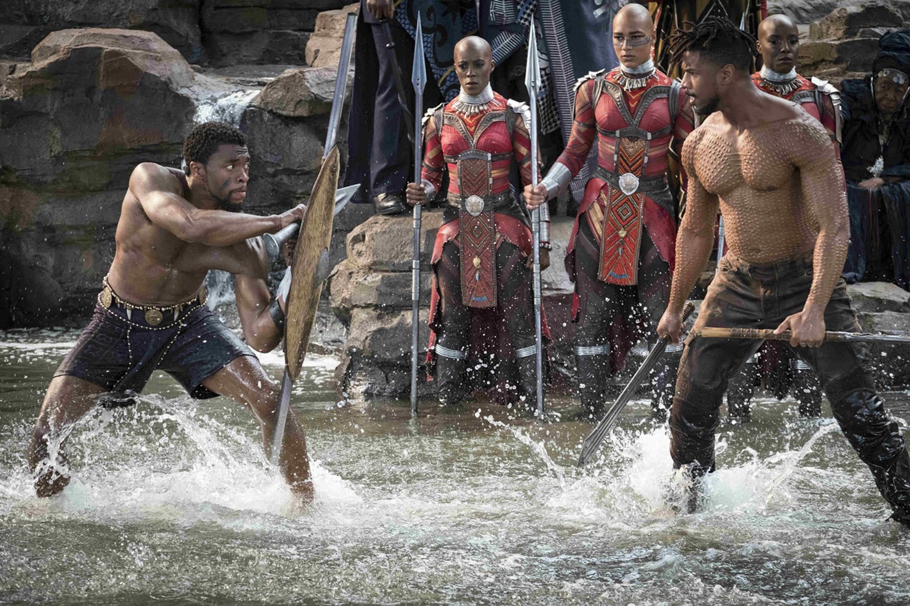 Chadwick Boseman (left) has the title role  in Marvel's Black Panther, and mixes it up with Michael B. Jordan.