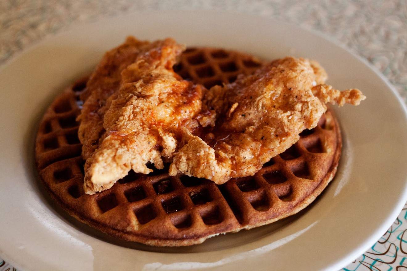 Over Easy serves chicken and waffles with fried boneless chicken.