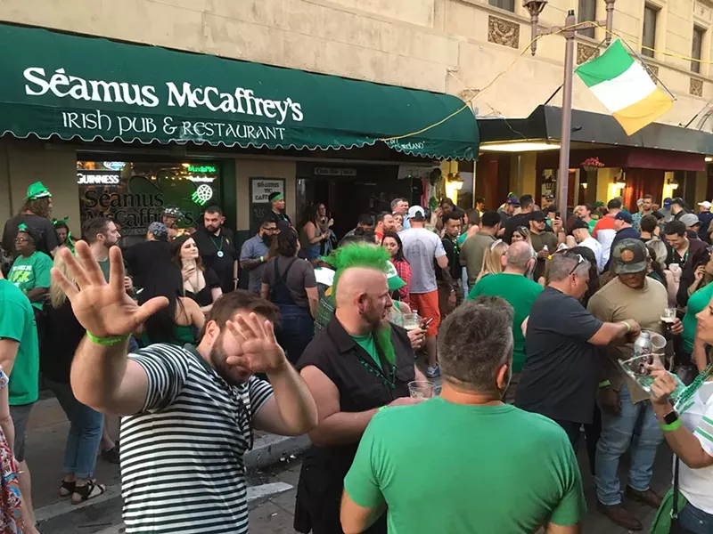 Image: The packed crowd at one of Seamus McCaffrey’s annual St. Patrick’s Day street parties.