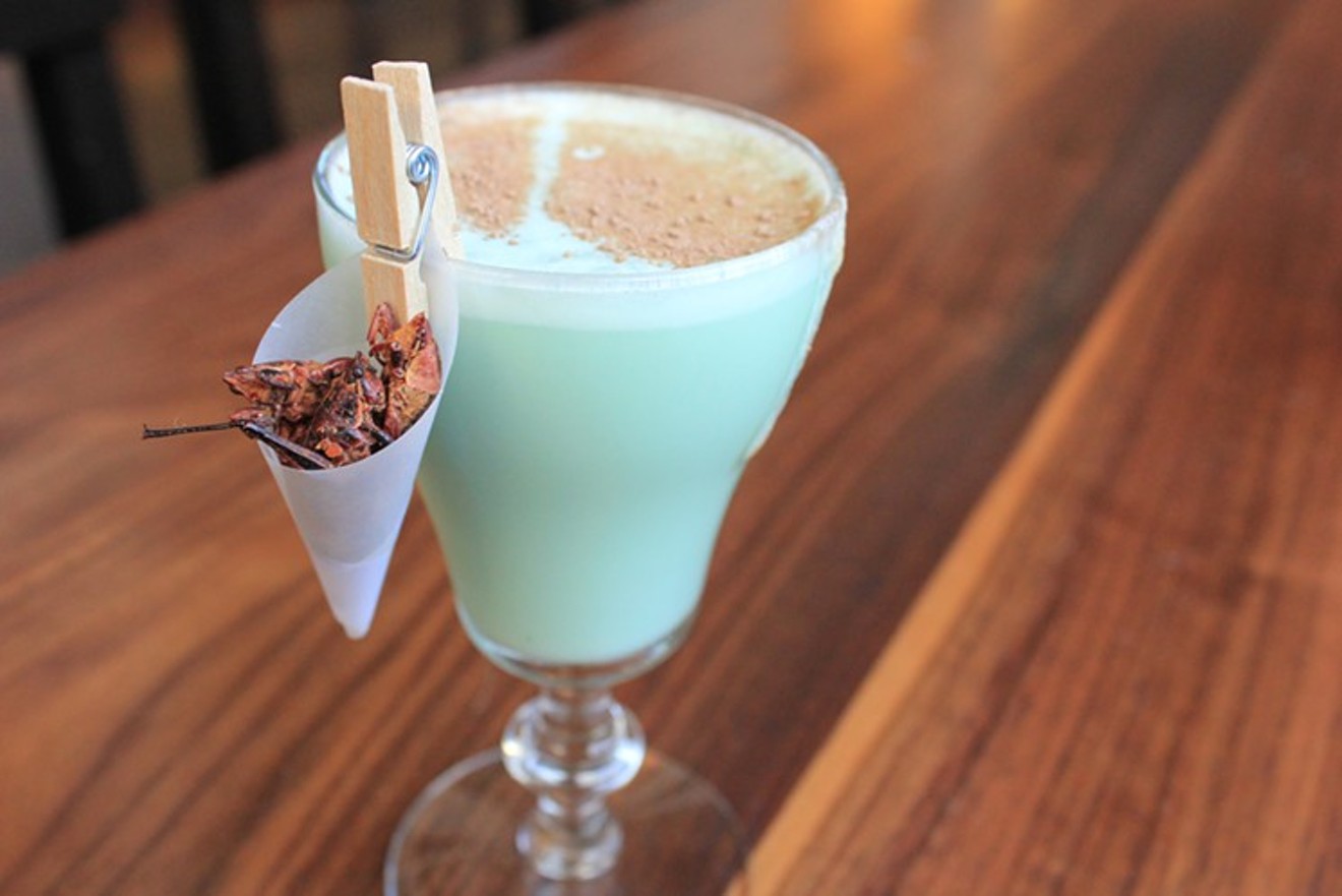 A grasshopper-inspired cocktail with fried grasshoppers.