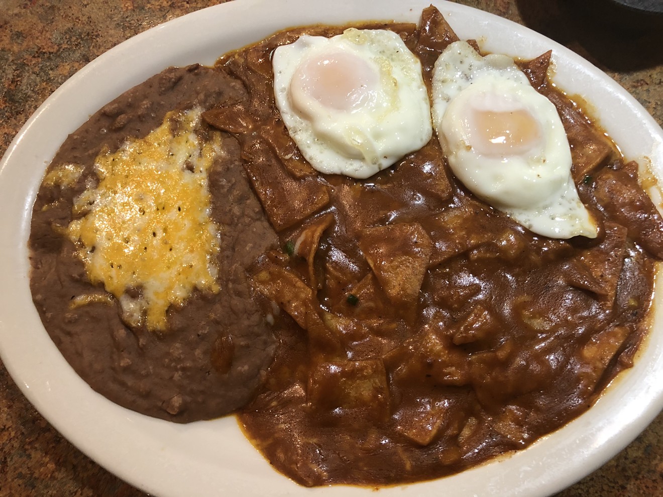 Chilaquiles rojo, with eggs over easy from Comedor Guadalajara.