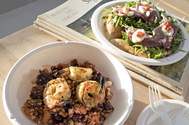 Image: Shrimp in a grain bowl and schiacciata from Pa'La.
