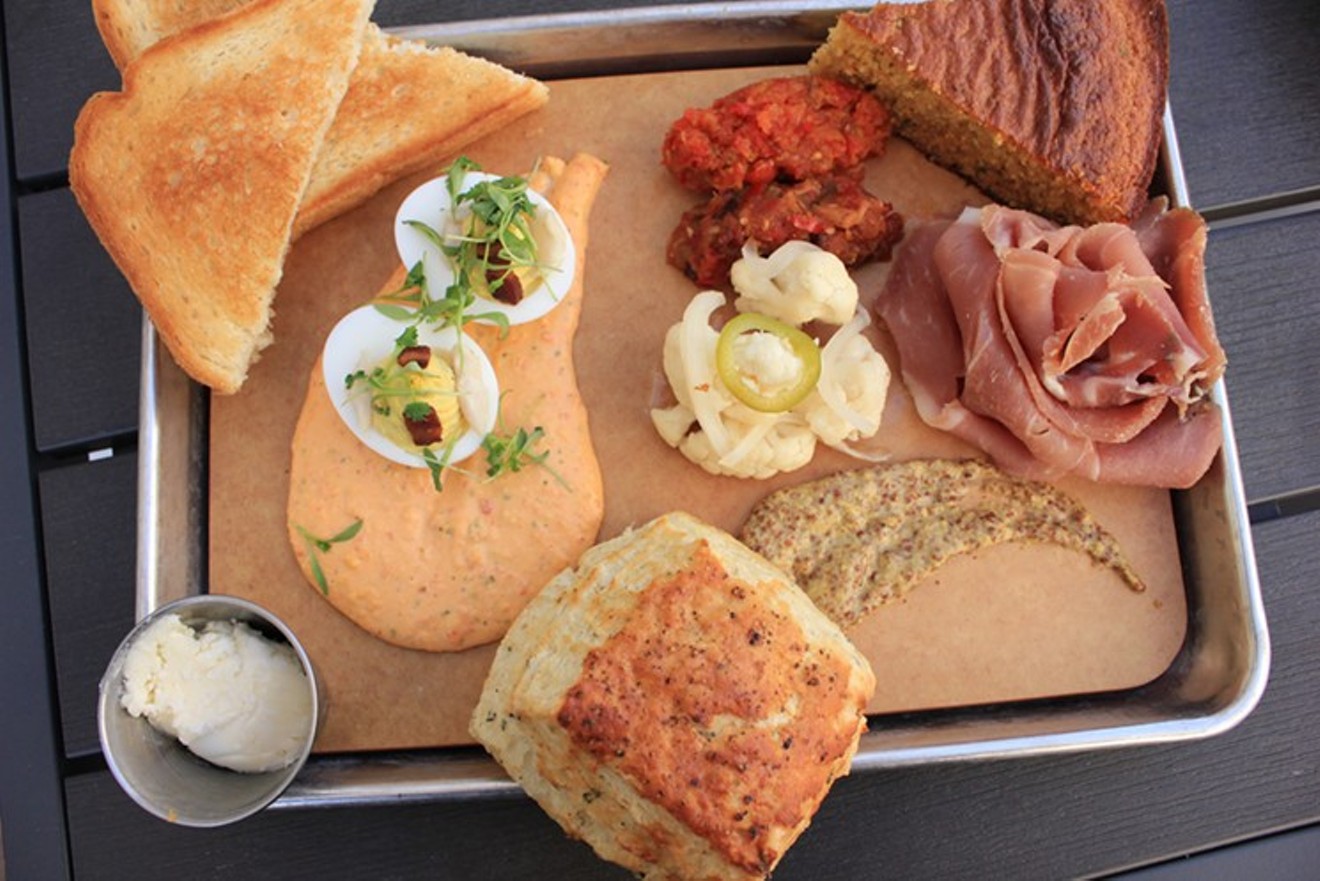High & Rye's Southern platter sports a biscuit, Texas toast, cast-iron cornbread, pimiento cheese, bacon pepper jam, sliced Benton’s Smoky Mountain Country Hams, and more.