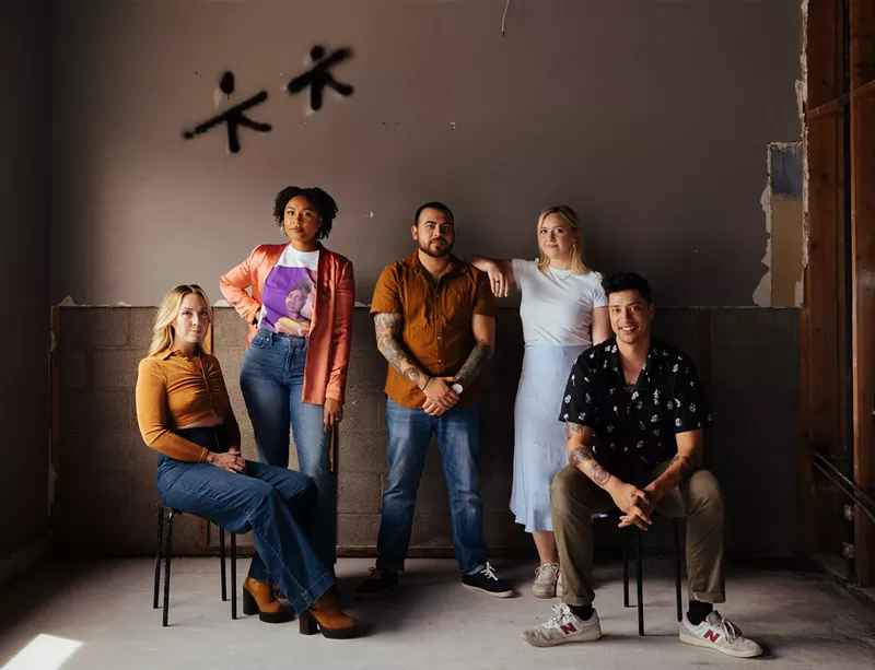 Image: Kid Sister, a new wine bar and bistro, is slated to open in September in uptown Phoenix. Kid Sister is helmed by (from left) Casey Lewandrowski, Dej Lambert, Isaac Mendoza, Courtney Lewandrowski and Zac Adcox.