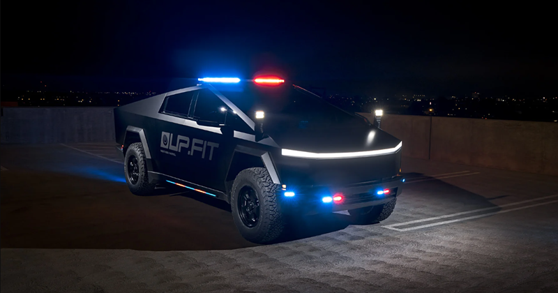 Image: a cybertruck with police lights