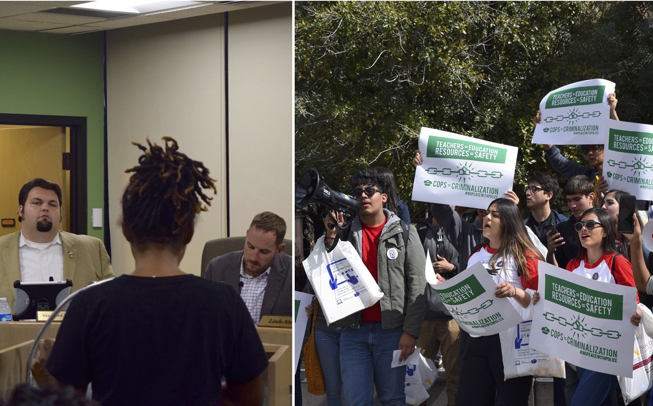 Left: Phoenix Union High School District governing board members listen as activists demand changes to district security policies on September 6. Right: Students protest officers in schools in downtown Phoenix in February.
