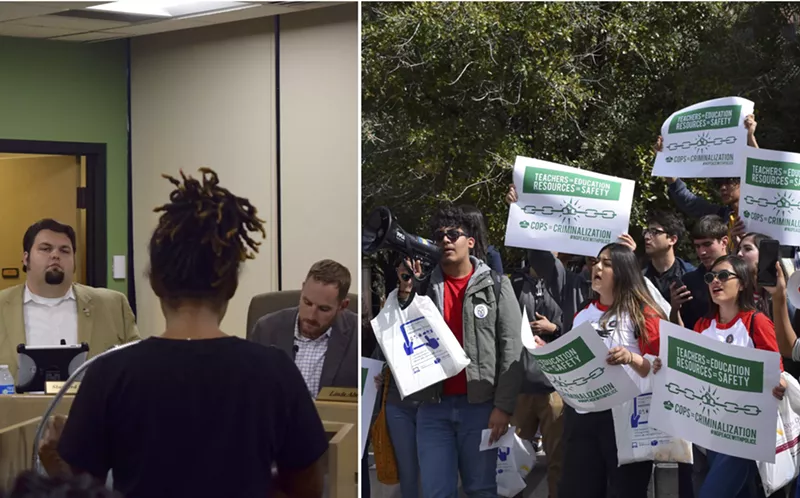 Image: Left: Phoenix Union High School District governing board members listen as activists demand changes to district security policies on September 6. Right: Students protest officers in schools in downtown Phoenix in February.