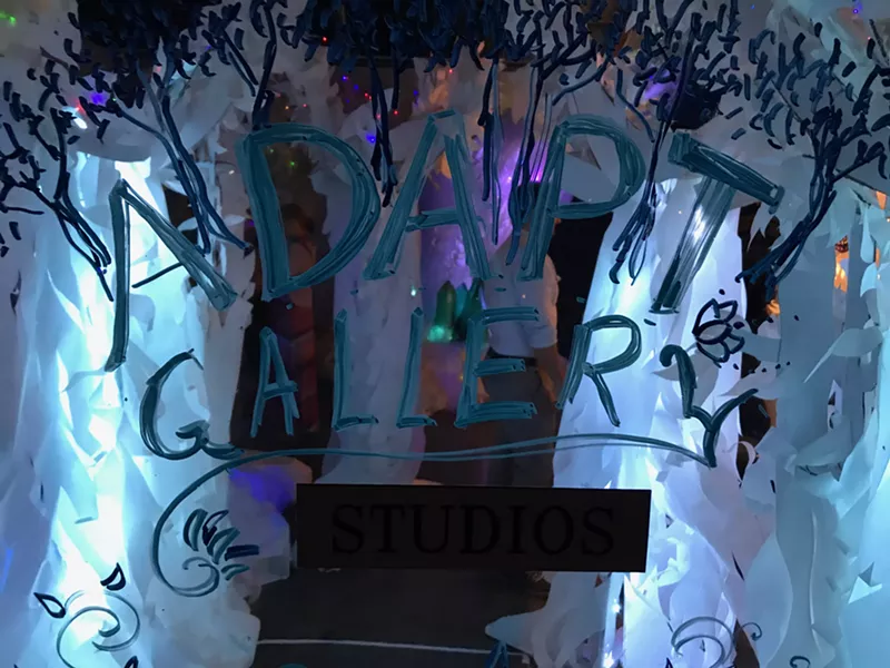Image: Entrance to Adapt Gallery, where Katharine Leigh Simpson has created a light-infused forest.