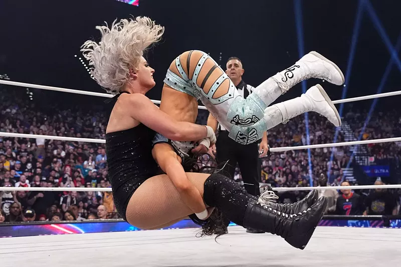 Image: "Timeless" Toni Storm delivers a piledrive to Serena Deeb at AEW's "Double or Nothing" pay-per-view in 2024.