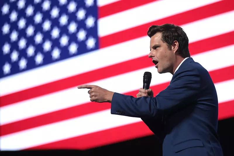 Image: U.S. Congressman Matt Gaetz speaks with supporters at an "An Address to Young Americans" event, featuring President Donald Trump, hosted by Students for Trump and Turning Point Action at Dream City Church in Phoenix in June 2020.