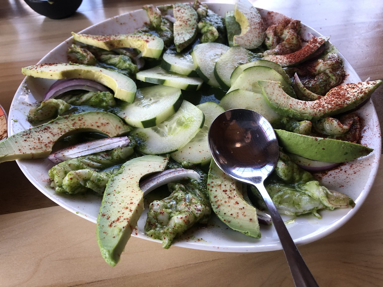 A fanned-out aguachile from Casa Corazon.