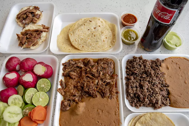 Image: Barbacoa, carne asada, and cabeza tacos, plus smoky beans and the works from the salad bar.