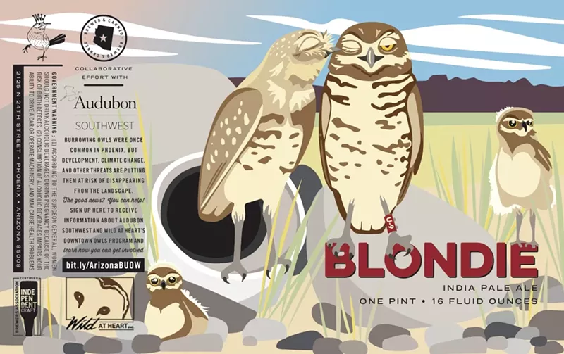Image: Created by Wren House designer Lauren Thoeny, the Blondie IPA artwork depicts how wild and rescued owls can meet, mate, and create new generations of burrowing owls.
