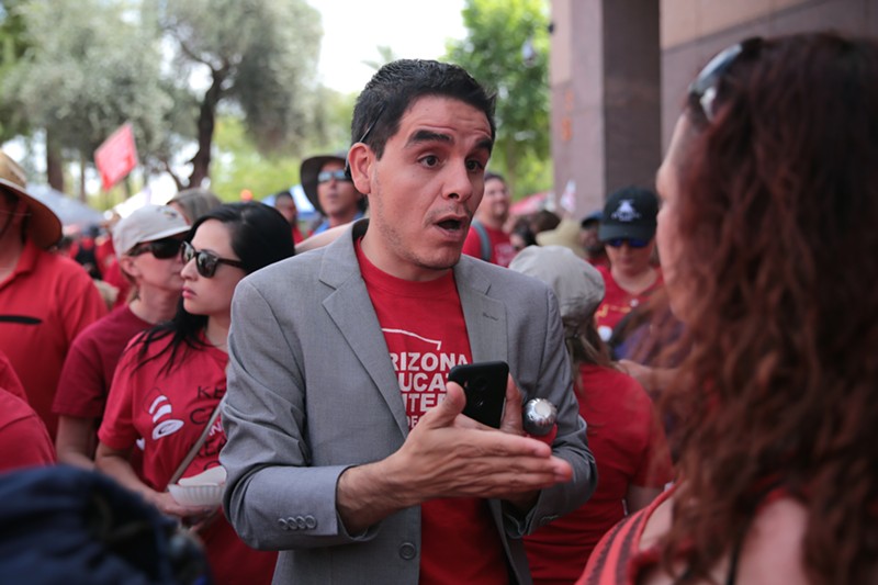 State Senator Juan Mendez at a #RedForEd protest last year. Mendez has filed legislation to repeal a state license plate that funds an anti-LGBTQ legal advocacy group.