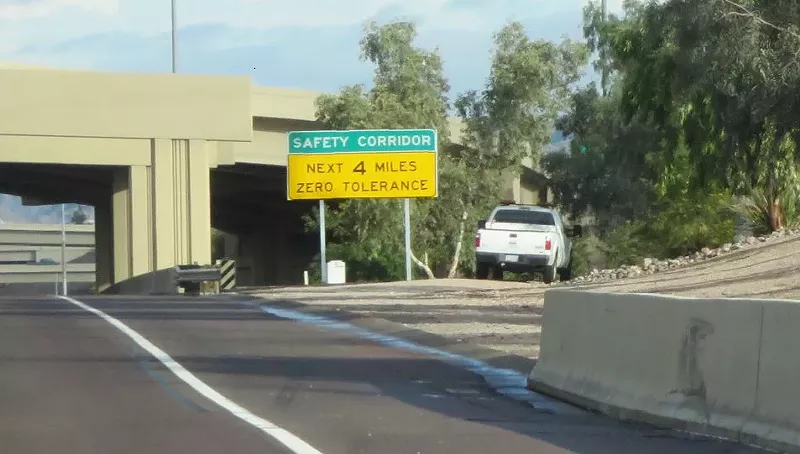 Image: A sign announces the new zero-tolerance Safety Corridor on Interstate 10 westbound near Seventh Street in downtown Phoenix.