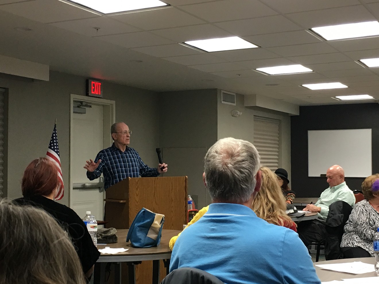 Anti-Muslim conspiracy theorist Carl Goldberg speaks at a meeting of the Yavapai County Republican Women in Prescott, Arizona, on November 26.