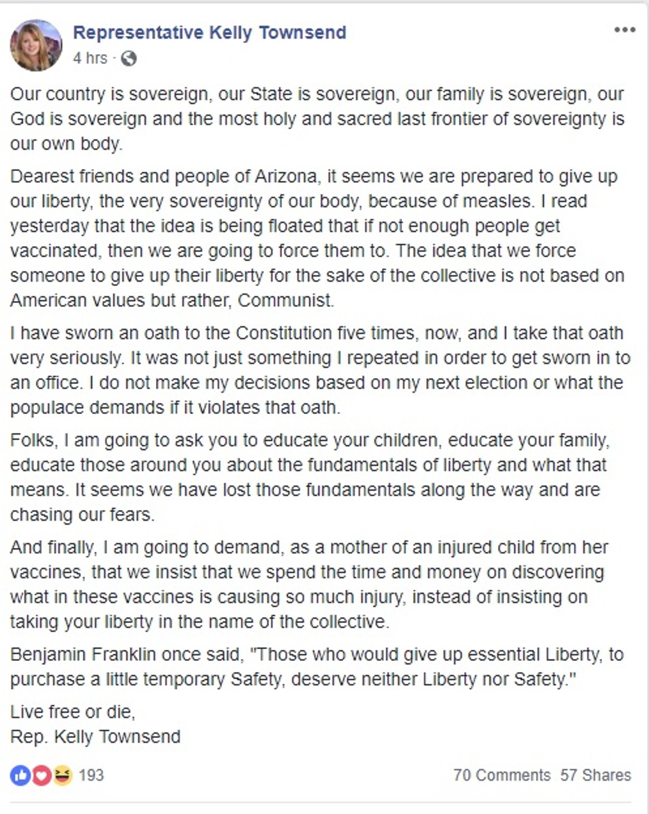 Kelly Townsend's full post equating vaccinations with Communism.