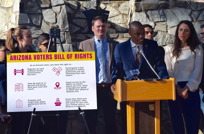 Image: Arizona Representative Reginald Bolding describes a proposed House resolution creating a voters' bill of rights at a January 17 news conference.