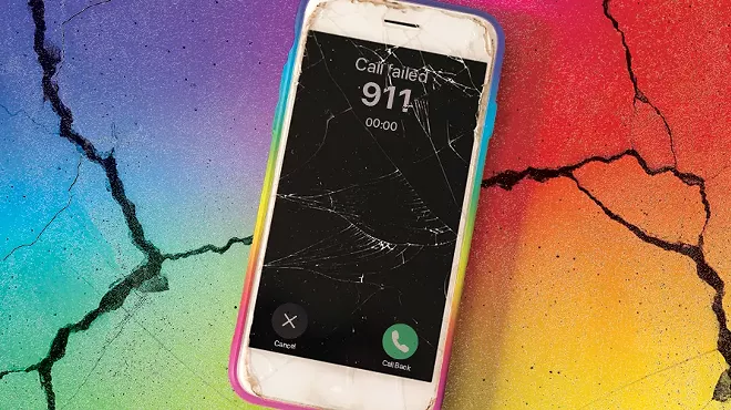 a phone against a rainbow background that says "call failed" with the number dialed as 911