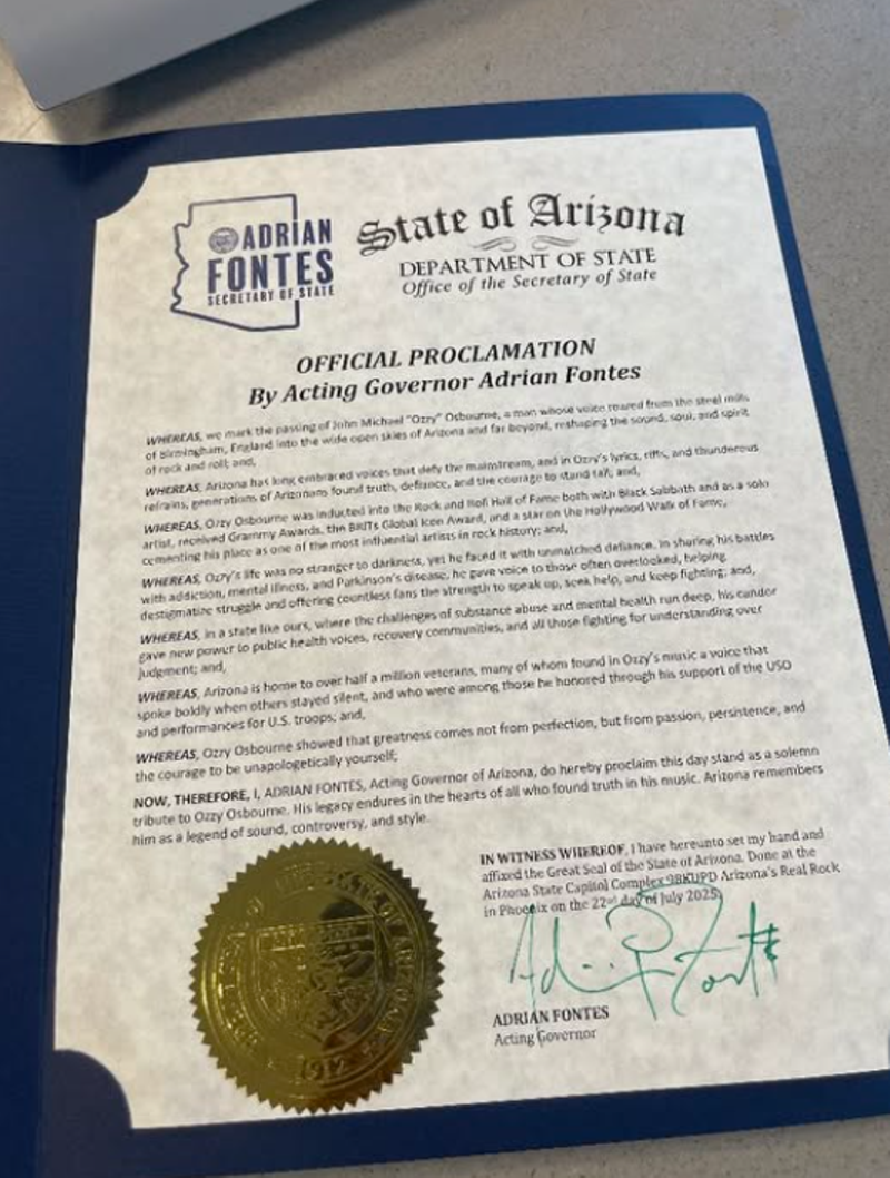 Image: Official 'Ozzy Day' proclamation signed by the Secretary of State, Adrian Fontes.
