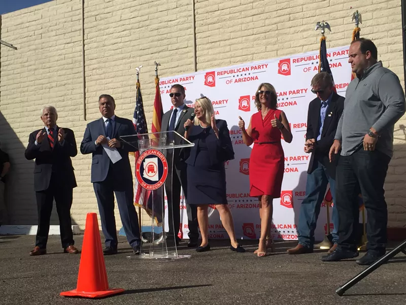 Image: Republican Congresswoman Debbie Lesko speaks at a November 5 press conference at the Arizona Republican Party headquarters in Phoenix.