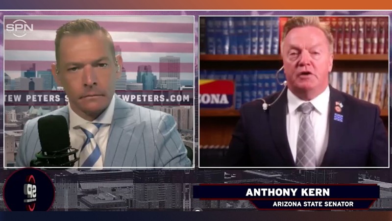 Sen. Anthony Kern (right) appears on the Stew Peters Show on May 1, 2024. Kern used the Arizona Senate’s broadcast facilities to speak to Peters (left), a far-right media figure who has embraced antisemitic rhetoric and praised the Nazis.