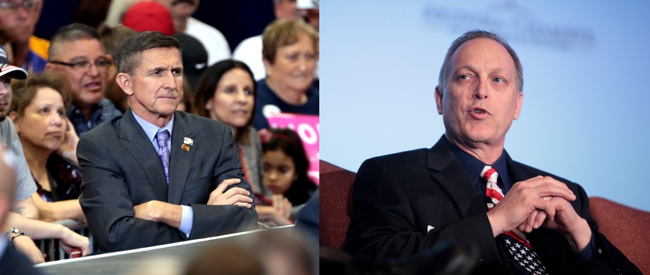 On the left, retired lieutenant general Michael T. Flynn, then a campaign adviser to Donald Trump, looks on during a rally for Trump in Phoenix on October 29, 2016. Right: Arizona Congressman Andy Biggs.