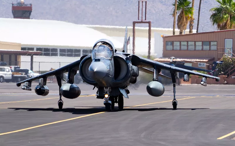 Image: A Harrier AV-8B fighter jet lands at Falcon Field in Mesa, Ariz. on Tuesday, June 10, 2025. The jet, which saw service in the Global War on Terror, will now call the Arizona Commemorative Air Force Museum home.