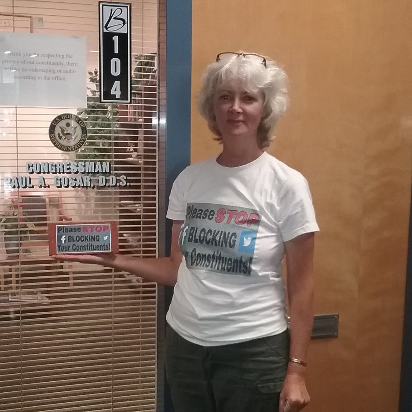 J'aime Morgaine of Indivisible Kingman plans to deliver blocks to Representative Paul Gosar's office several times a week until she's unblocked from his Facebook page.