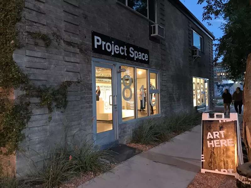 Image: A nighttime view of ASU Art Museum Project Space in Roosevelt Row.
