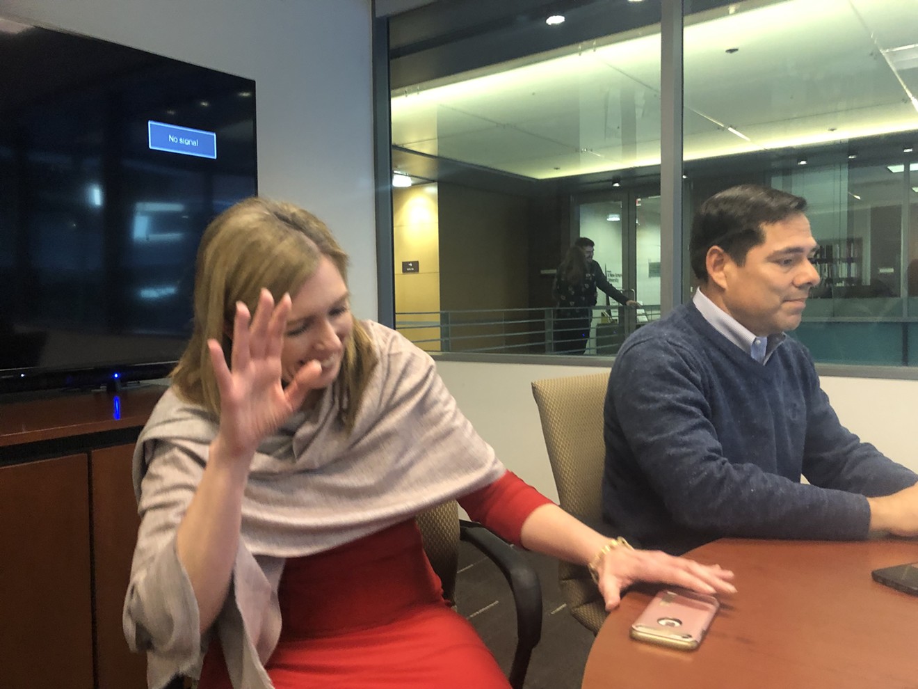Katie Paquet, vice-president of ASU's Media Relations Office and Strategic Communications, reflected her office's attitude about the media by declining to have her photo taken after a meeting about the university's non-transparent public records policies. Jerry Gonzalez, media relations officer, is at right.