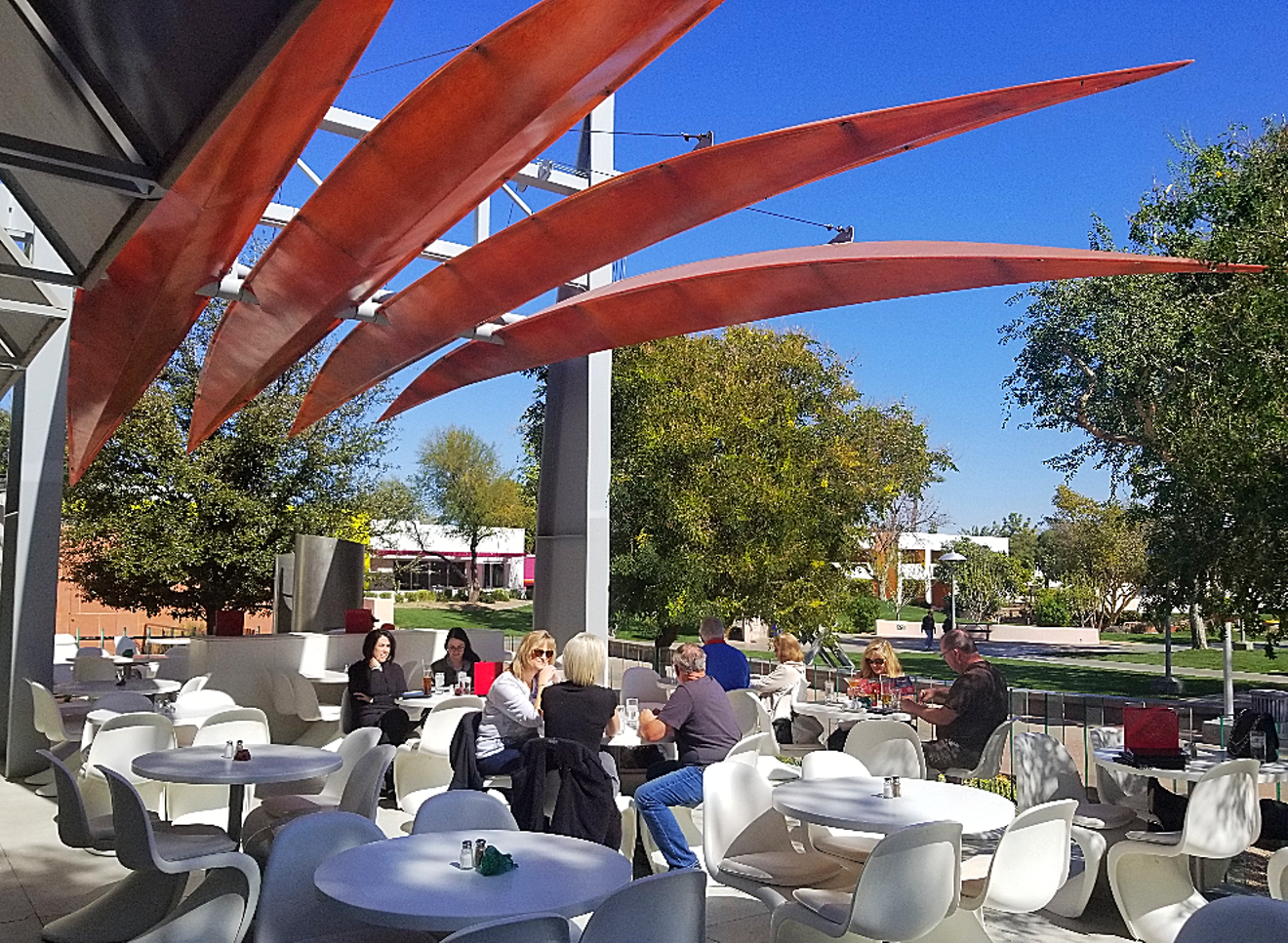 The patio at AZ/88 overlooks the Scottsdale Civic Plaza greenbelt.