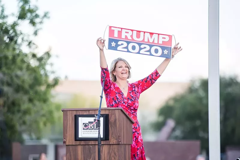 Image: Arizona Republican Party Chairwoman Kelli Ward speaks during the Patriotism Over Socialism rally in Gilbert on Monday, April 15, 2019.