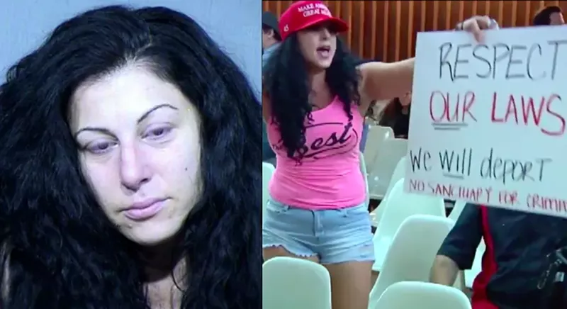 Image: Jennifer Harrison's mugshot alongside a photo of Harrison interrupting a city council meeting.