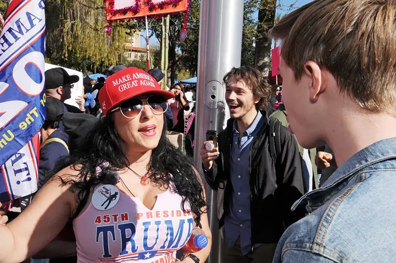 Image: Jennifer Harrison stirs up vitriol at a women's rights protest in February 2020. Now, she's wanted by Temple police after being seen spraying abortion-rights protesters with bear mace on Sunday.