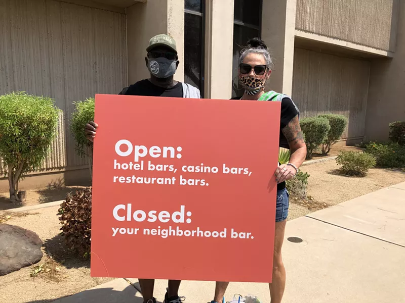 Image: Bar owners highlighted the discrepancies in the governor's order shutting bars at a rally last month.