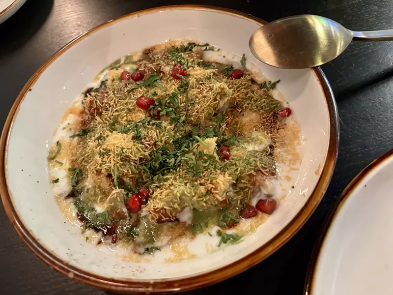Image: At Peacock Indian Bar & Grill, start your meal with the delicious and colorful Samosa Chat.