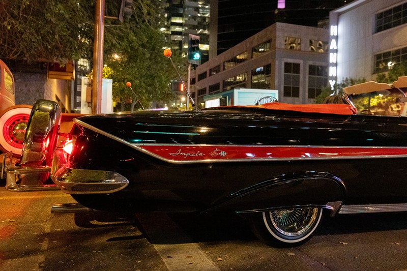 Engines roar as the classic lowrider cars leave the second Saturday of the month car show in downtown Phoenix.