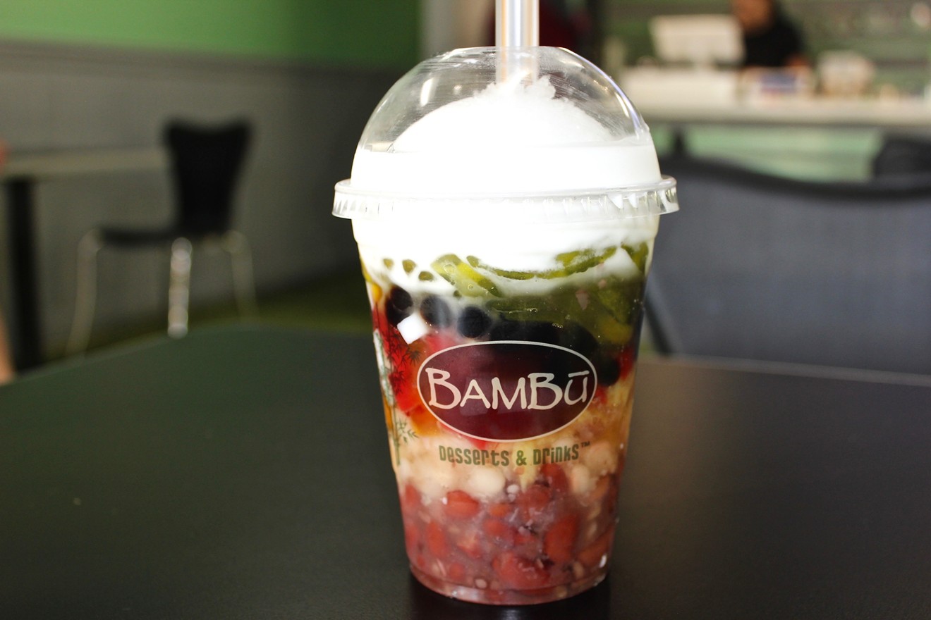 The "Bambu Combo" at Bambu Desserts & Drinks contains red, white, and mung bean, taro, boba, pandan and combo jelly, and coconut milk.
