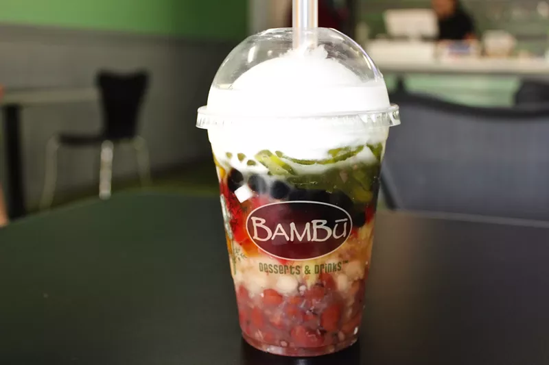 Image: The "Bambu Combo" at Bambu Desserts & Drinks contains red, white, and mung bean, taro, boba, pandan and combo jelly, and coconut milk.