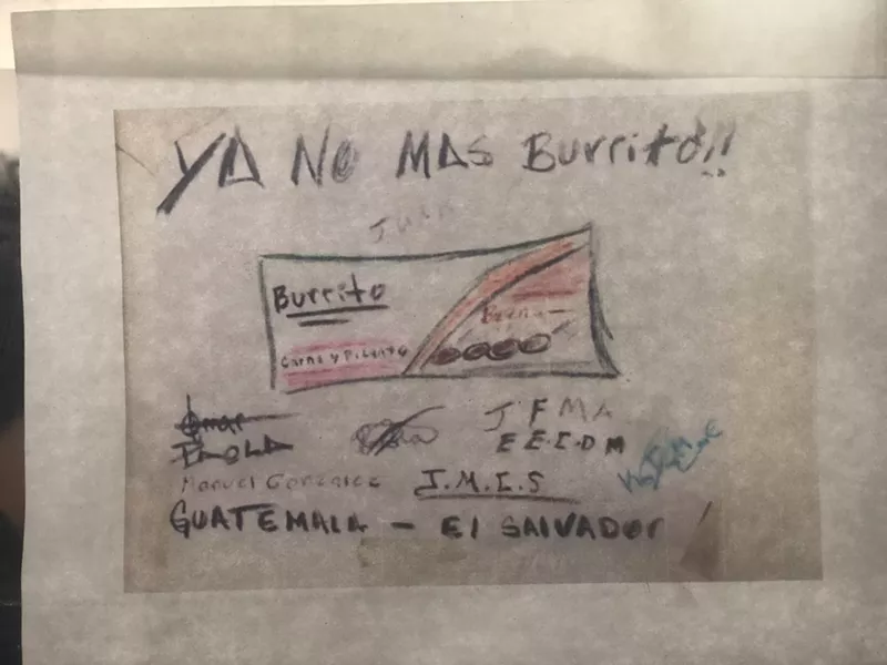 Image: A drawing by a migrant child at Casa Alitas, of the burritos given in Border Patrol custody. The top reads, "No More Burrito!"