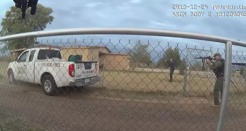 Image: Officers fire on Mendoza as he tries to flee in a stolen truck.