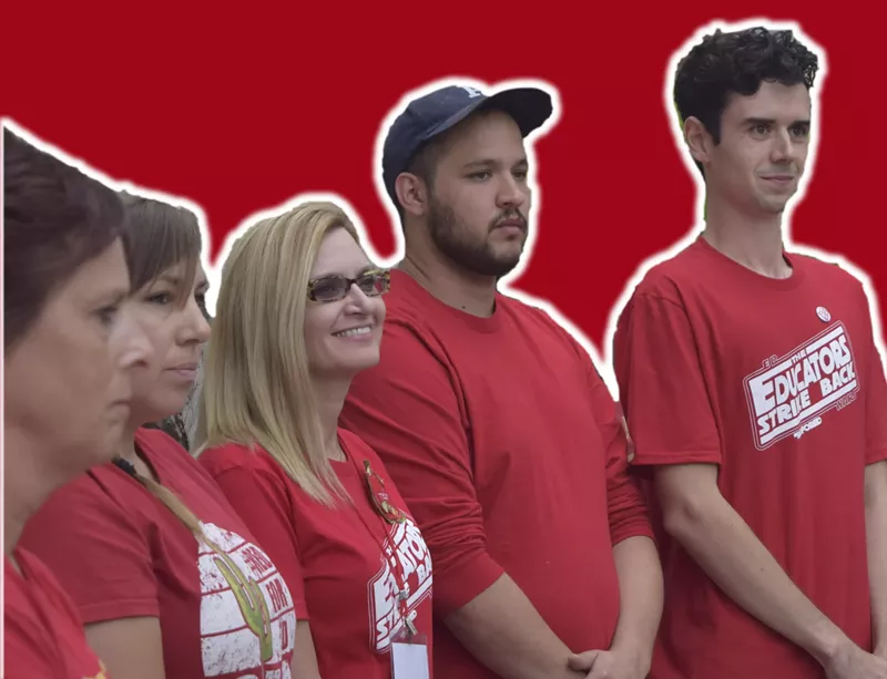 Image: From right: Arizona Educators United leaders Noah Karvelis, Dylan Wegela, Catherine Barrett, Rebecca Garelli, and Kelley Fisher.