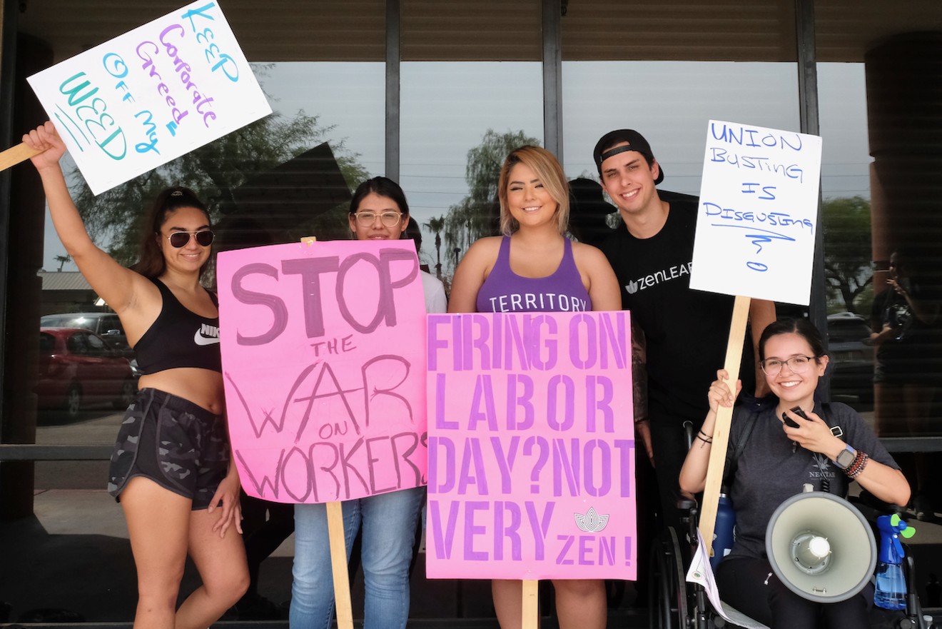 Cannabis workers — including Marieleigh Santoyo (second from left), Lilian Bernal (center), Brianna Martinez (right) — and other cannabis workers protest outside Zen Leaf on Thursday.