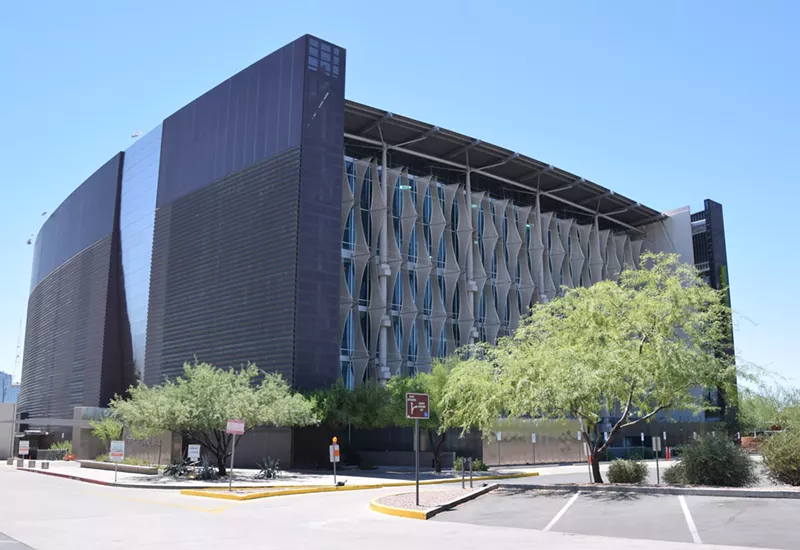 Image: Looking southwest toward Burton Barr Central Library in Phoenix, in 2017 before storm damage.