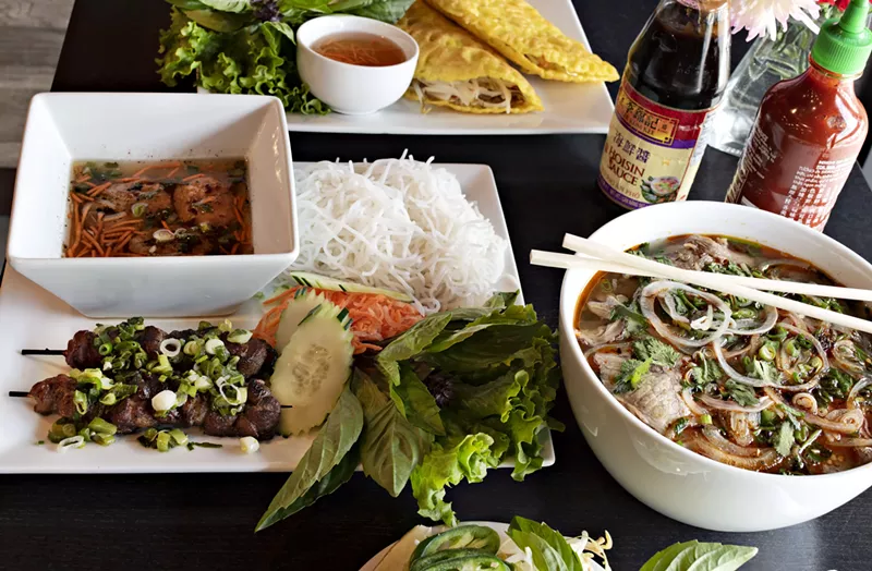Image: The many authentic options at 3 Regions Vietnamese Kitchen, including bun cha, bun bo Hue, and banh xeo.