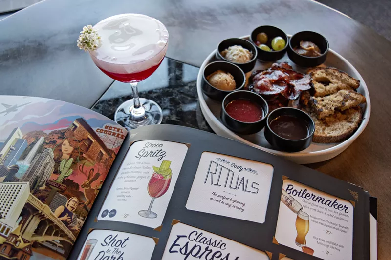 Image: A Vengeance and Fashion cocktail, bacon board, and a tome-like cocktail menu.