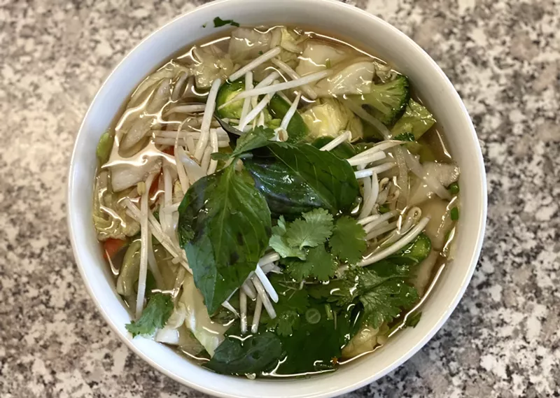 Image: Pho with tofu, vegetables, and vegan broth comes out hot and fast.