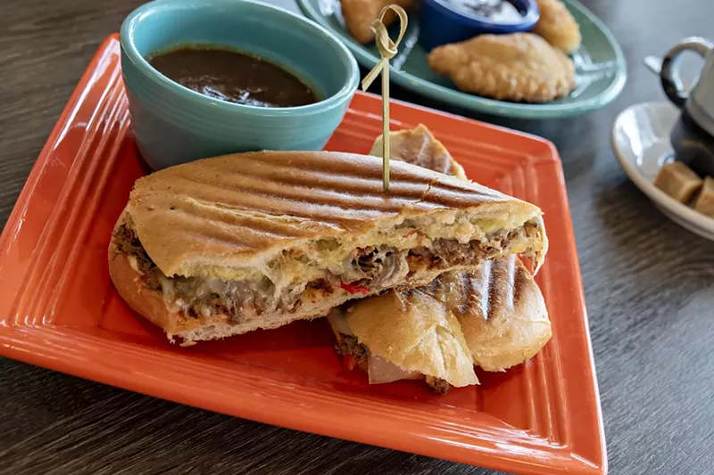 Image: Ropa vieja French dip sandwich with a side of jerk sauce from Little Cay.